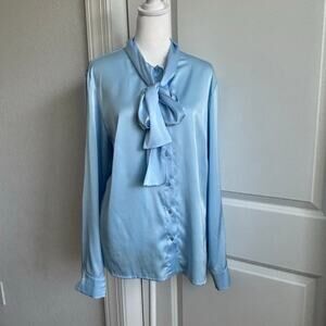 VOVK Women’s Satin Neck Tie Long Sleeve Top L Baby Blue Office Minimalist Career